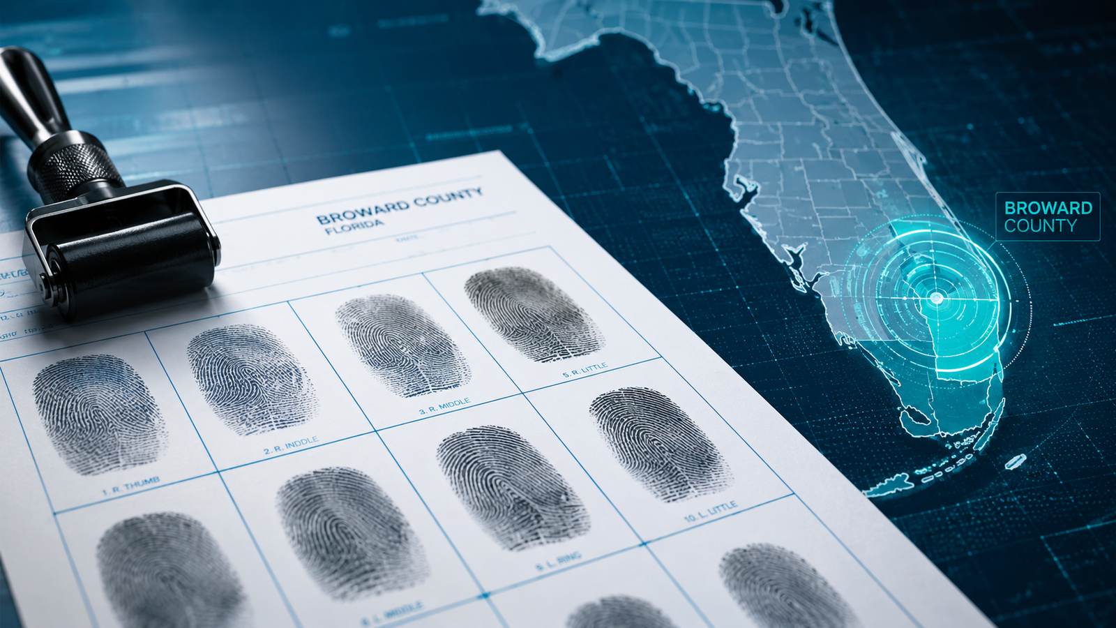 Broward County fingerprinting services map with fingerprint card