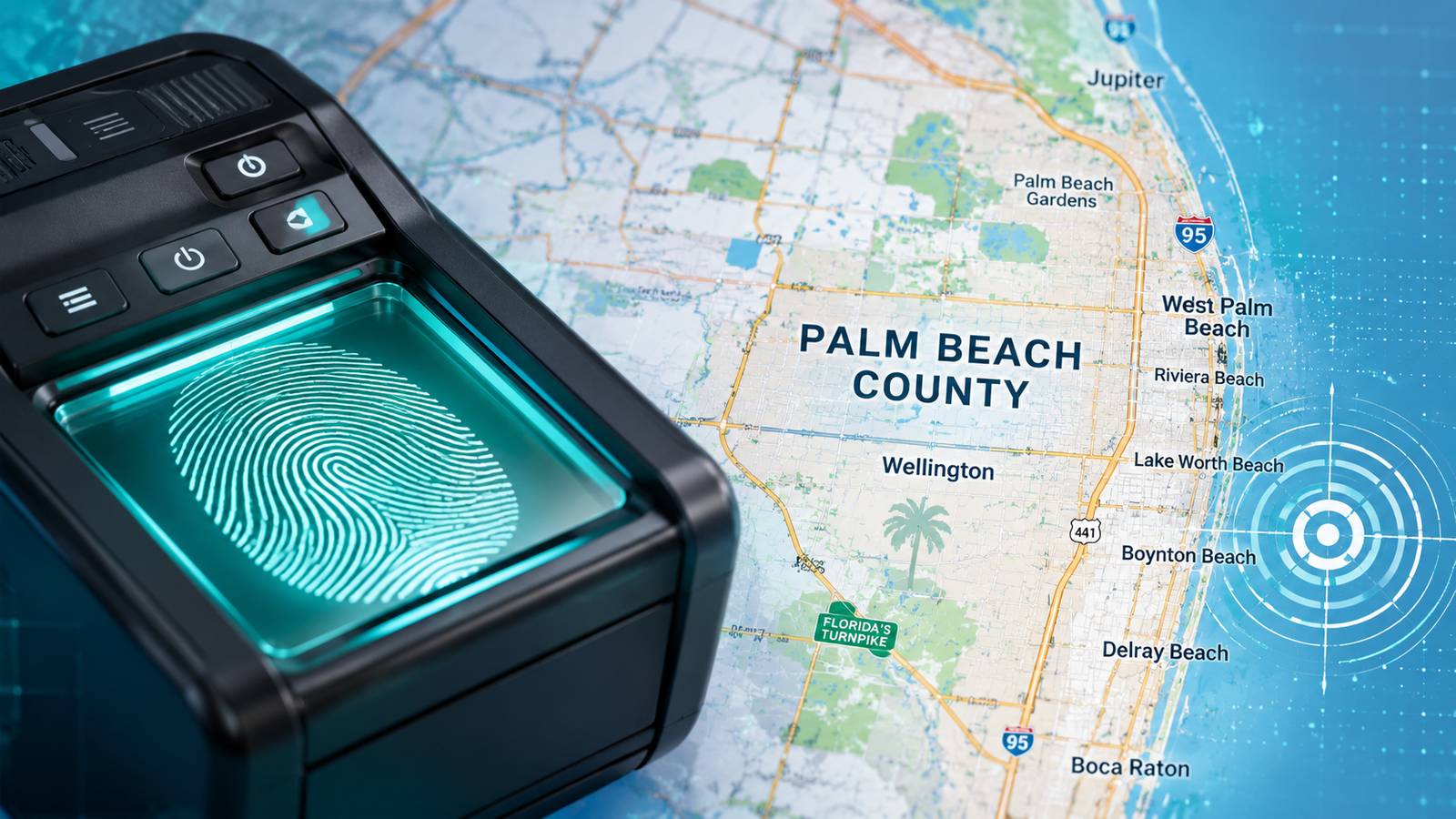 Palm Beach County fingerprinting services map with fingerprint scanner